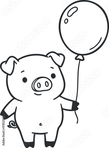 Cute cartoon pig holding a balloon in a playful and whimsical style, ideal for children's designs and party themes