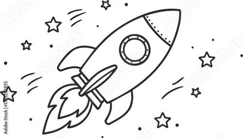 Playful black and white vector illustration of a rocket flying through space, surrounded by stars and cosmic elements for children's design projects.