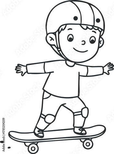 Playful black and white vector illustration of a boy skateboarding with safety gear, ideal for children's sports themes and designs
