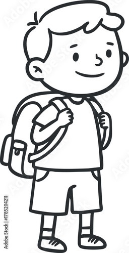 Playful cartoon illustration of a happy boy with a backpack, designed in a simple line art style suitable for educational materials