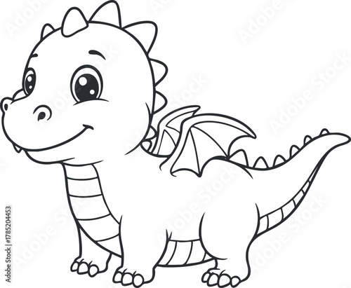Cute cartoon dragon character illustration in a playful style, perfect for children's books and coloring activities