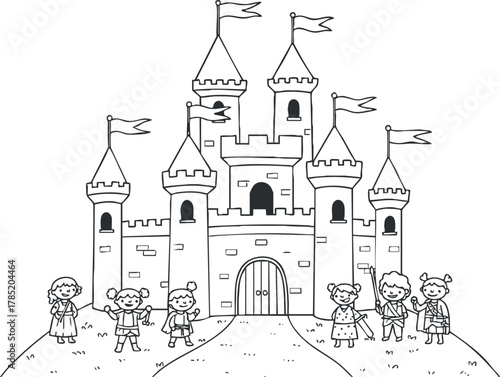 Playful black and white vector illustration of children dressed as knights and princesses in front of a whimsical castle
