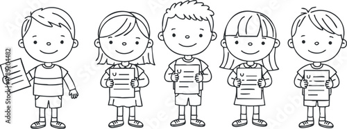 Cute black and white vector illustration of five happy children holding school papers, ideal for educational materials and children's designs