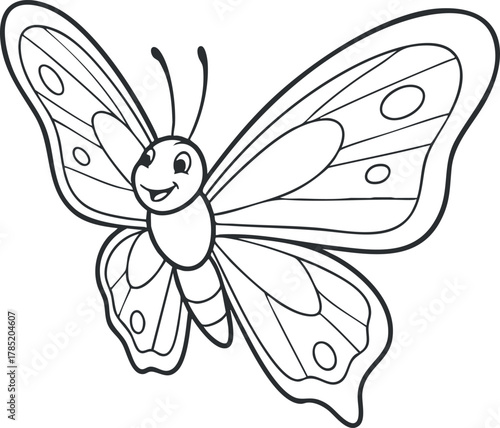Cute cartoon butterfly outline illustration for coloring pages, educational materials, and design projects.