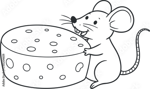Cute cartoon vector illustration of a mouse happily sitting next to a large piece of cheese, ideal for children's designs and food themes
