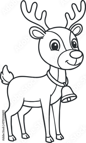 Cute cartoon vector illustration of a cheerful reindeer with antlers and a bell, perfect for holiday and Christmas themes