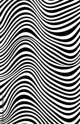 Black and white abstract optical illusion background with wavy curved lines or with thick, tightly packed, wavy, distorted lines. minimal design for backgrounds, covers, posters, textures, and pattern