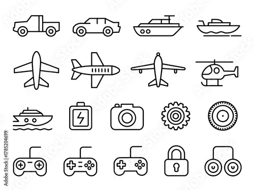 A collection of line art icons representing various modes of transport and technology.