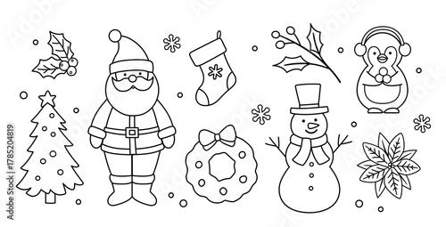 Set of Hand drawn winter christmas outline, children's coloring pages and templates for kids.
Collection of cute Santa Claus, snowman, penguin, poinsettia, Christmas tree, wreath, red berries, holly.