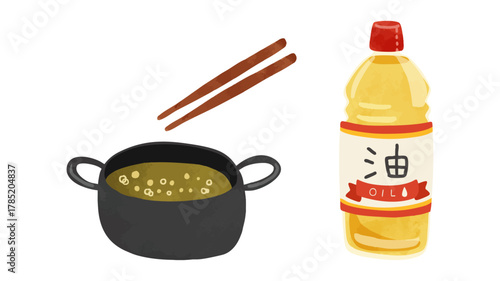 サラダ油のペットボトルと揚げ物鍋セット　水彩風手描きイラスト