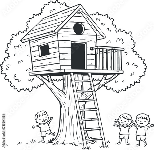 Whimsical black and white vector illustration of a treehouse with children playing outside, ideal for children’s projects and designs