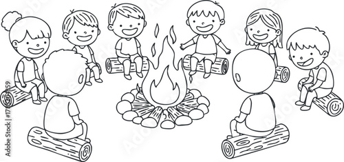 Playful line art illustration of children sitting around a campfire, ideal for summer camp and outdoor activities.