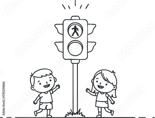 Playful black and white vector illustration of children interacting with a traffic light, promoting pedestrian safety and awareness.