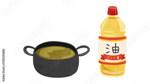 サラダ油のペットボトルと揚げ物鍋セット　水彩風手描きイラスト