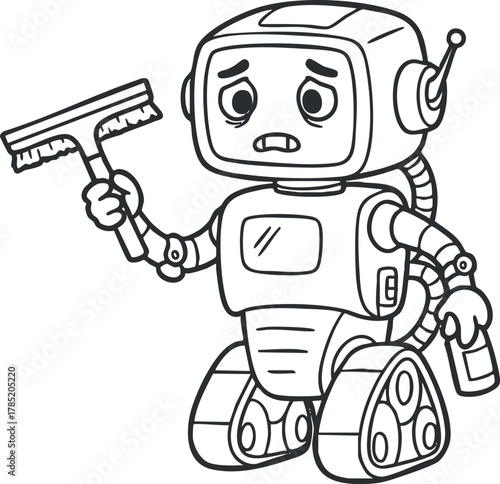 Cartoon style vector illustration of a friendly robot character holding a cleaning tool, suitable for technology and service concepts