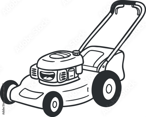 Outline vector illustration of a lawnmower, ideal for gardening and landscaping projects.