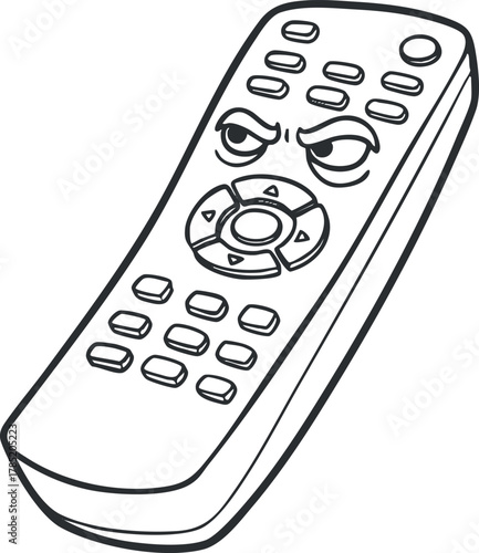 Cartoon-style vector illustration of an angry remote control with exaggerated facial expression for humorous designs and entertainment themes