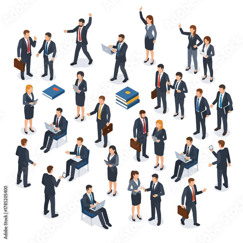 Business professionals in suits engaged in various activities, teamwork and collaboration.