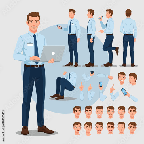 Businessman in various poses with laptop and expressions.