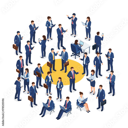 Business professionals in suits gathered for teamwork and collaboration in an office setting.