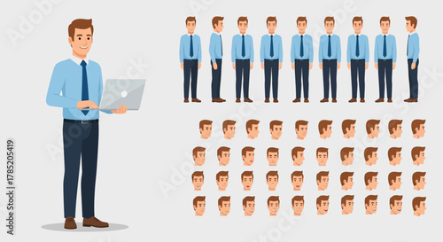 Canvastavla Businessman Character with Laptop and Various Poses and Facial Expressions