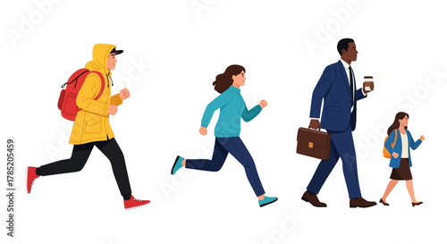 Diverse group of people running and walking in various outfits.