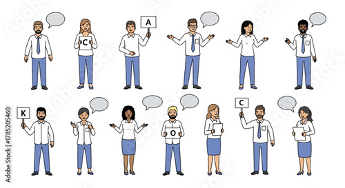 Diverse group of cartoon people expressing opinions and ideas.