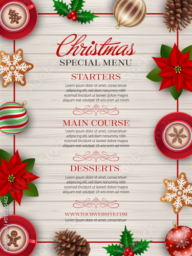 christmas menu flyer with  cappuccino cups, poinsettia flowers, gingerbreads and decorations on wooden background
