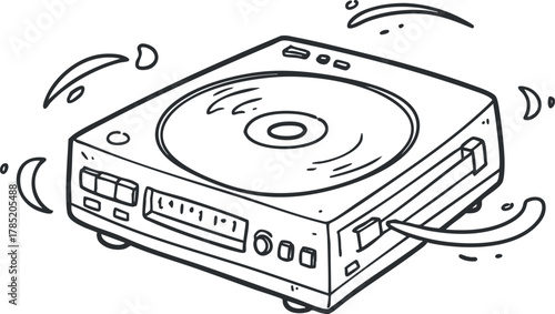 Hand-drawn vector illustration of a turntable with vinyl records, ideal for music-related design projects and branding.