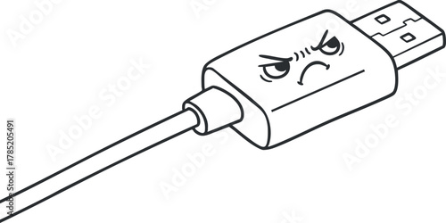 Cartoonish outline vector illustration of an angry USB cable connector with expressive face, ideal for tech-themed designs and humor.