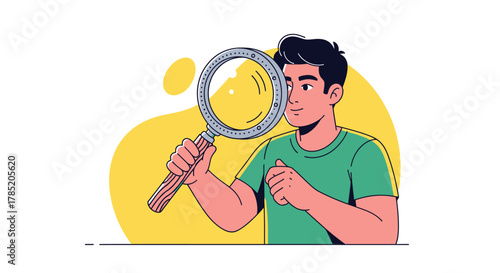 Man intently examining with magnifying glass, searching for details.