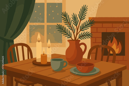 Cozy candles icon dusty vector bubbles dining wooden labels winter marks vase
