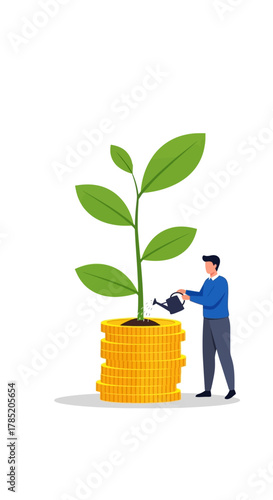 Man waters plant growing on coins representing financial growth.