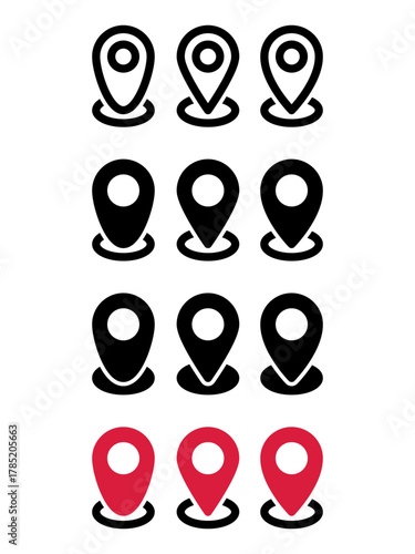 location pin icons in black and red styles. Minimal GPS map markers representing navigation, destination, travel, and geolocation concepts for app or web design