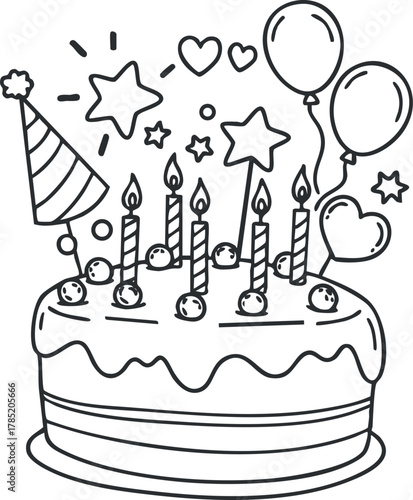 Playful outline vector illustration of a birthday cake with candles, balloons, and festive decorations for celebration themes