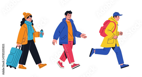 Three diverse individuals in winter clothing, walking and running, showcasing different travel styles and paces.