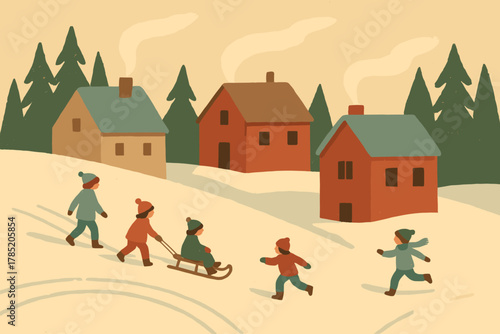 No near landscape sled typography captions icon vector village tracks labels flat