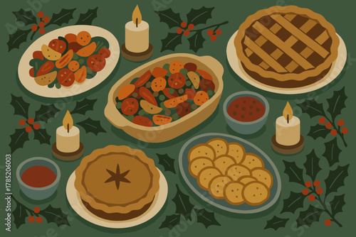 Dinner holiday layering dishes punctuation brown color festive handmade characters vector blue