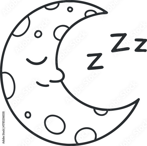 Cute cartoon vector illustration of a smiling moon sleeping with zzz symbols, ideal for children's designs and bedtime themes