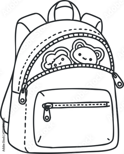 Playful line art vector illustration of a cute backpack featuring two cartoon characters peeking out, ideal for children's products and educational materials