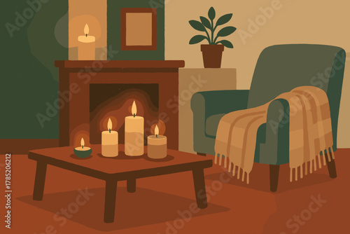 Cream cozy color living no icon over faint candlelit taupe vector illustration