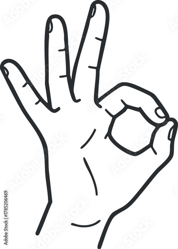 Minimalist line art vector illustration of an 'OK' hand gesture symbol for communication and design projects
