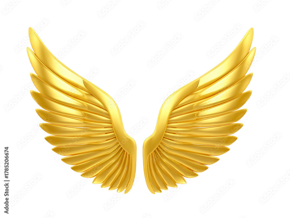 Obraz premium Golden angel wings with shiny metallic texture, isolated on transparent background, symbolizing freedom, spirituality, and fantasy in decorative and elegant style