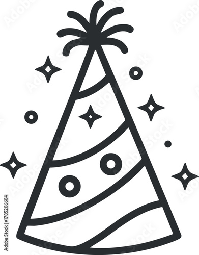 Minimalist black and white vector illustration of a festive party hat with stars, ideal for celebration themes and designs