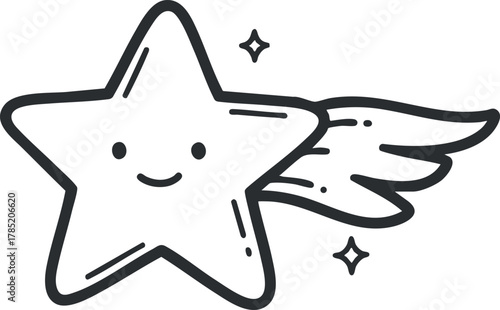 Playful cartoon vector illustration of a smiling star character with wings and sparkles, perfect for children's design projects.