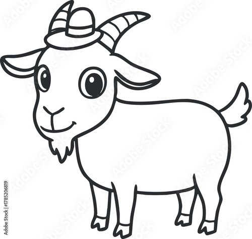 Playful cartoon goat character with a hat designed in a clean outline style, perfect for children's illustrations and designs