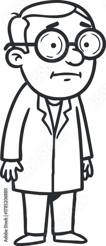 Cartoon character illustration of a quirky scientist in a lab coat with glasses, perfect for educational and humorous designs