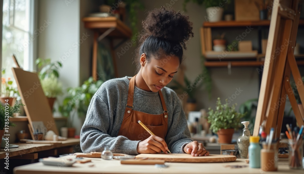 Fototapeta premium Young woman works on woodworking project in bright home studio. She sketches design on wood plank with pencil. Creative hobby, craft, artisan activity.