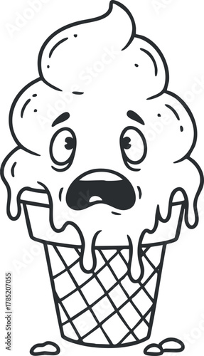 Fun cartoon vector illustration of a melting ice cream cone character with a surprised expression, perfect for food-themed designs and branding.