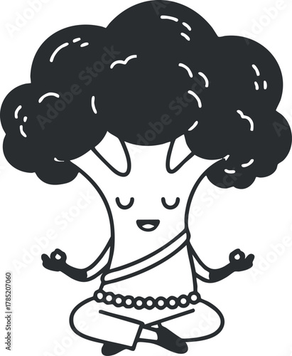 Playful cartoon illustration of a broccoli character meditating in a yoga pose, promoting healthy lifestyle and mindfulness